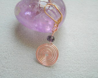 Amethyst on rose gold spiral hoop earrings, handmade, gorgeous dangle earrings, handmade, gift under 20, Free Shipping GBT460