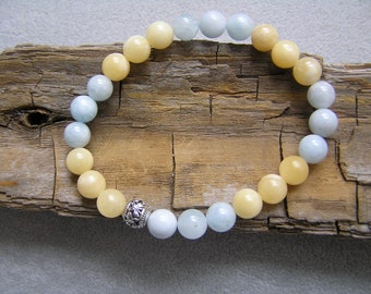 Aquamarine and yellow jade stretch bracelet roll it on roll it off  Handmade Gift Under 20  Free Shipping #703
