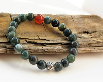 Calming Green Agate with Red Agate Colours of Autumn beaded stretch bracelet,  Roll it on Roll it off Handmade Gift Free Shipping #713