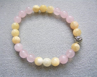 Rose quartz and yellow jade stretch bracelet roll it on roll it off Handmade Gift under 20 Free Shipping #691