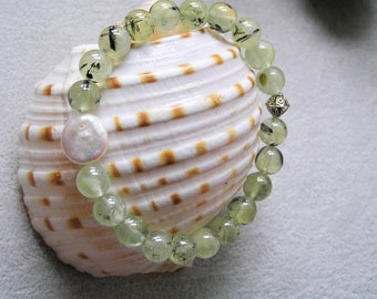 Prehnite and Pearl beaded stretch bracelet, soft green white Roll it on Roll it off Handmade Gift Free Shipping #711