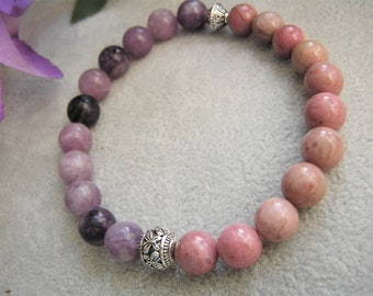 Lepidolite and Rhodonite stretch bracelet, mauve rose Roll it on Roll it off Handmade Gift Free Shipping #708