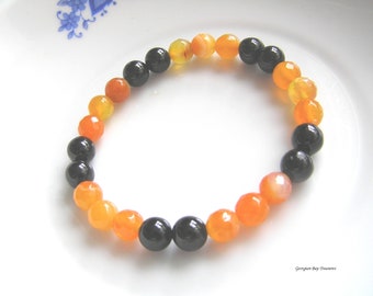 Orange Rock Agate and Black Onyx beaded stretch bracelet handmade gift idea under 20  Wrist Candy Free Shipping #388 BUY 2 SAVE 20%