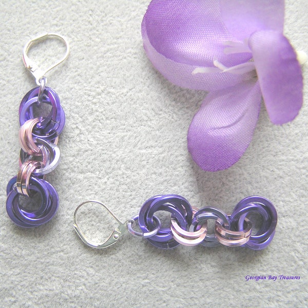 Purple, lavender and pale pink 2" dangle chainmaille earrings silver spring summer jewellery handmade gift under 20 gift for her GBT295