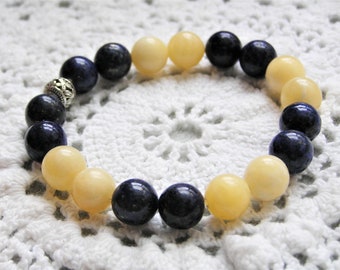 Lapis and yellow jade stretch bracelet roll it on roll it off blue yellow Handmade Gift under 20 Free Shipping #697