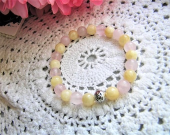 Rose quartz and yellow jade stretch bracelet roll it on roll it off Handmade Gift under 20 Free Shipping #692