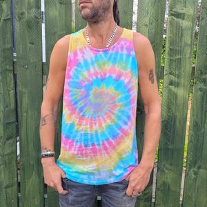 Summer Festival | Tie Dye Mens Tank Top | Organic Cotton | Pastel Rainbow