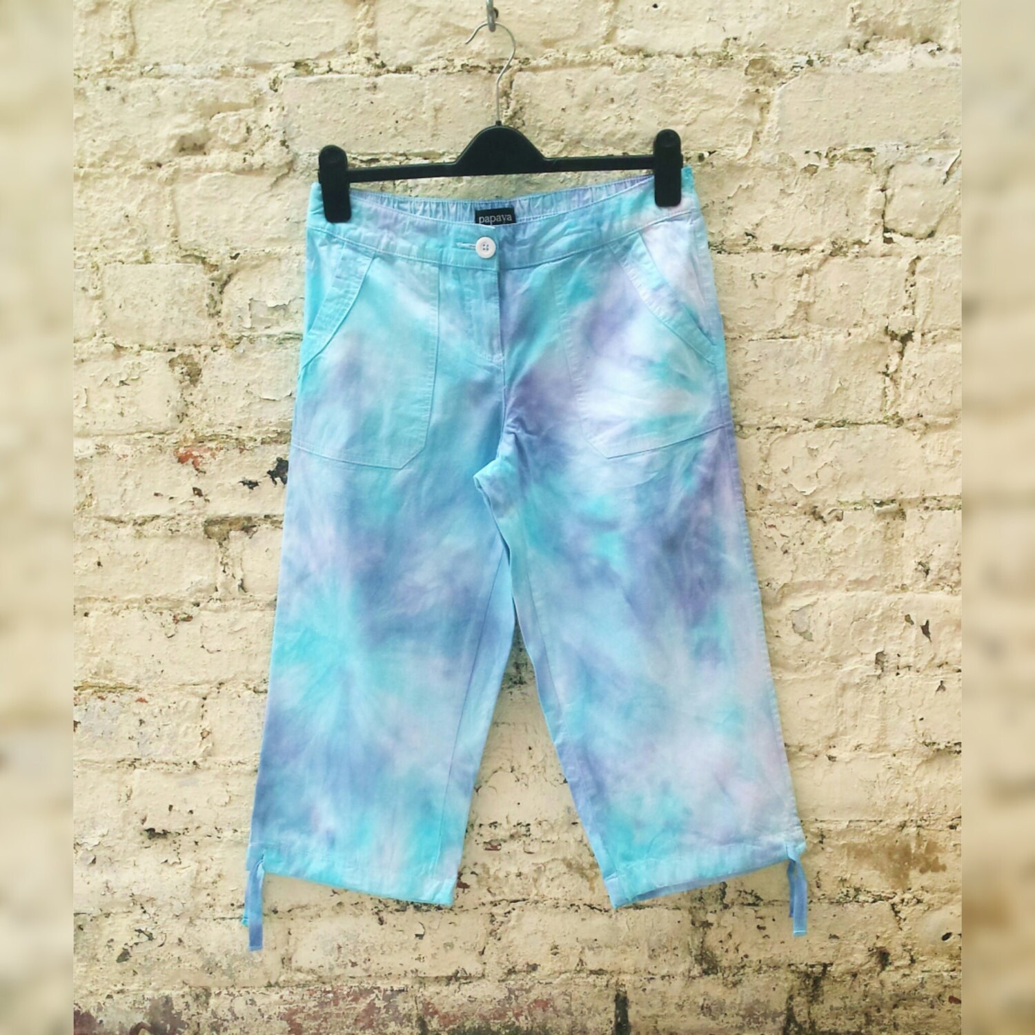 Image of Pastel Tie Dye Hippie Capri Trousers Upcycle in Blue To Fit Uk Size  Or Us