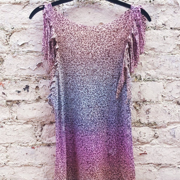 Rainbow Dress Tie Dye Leopard Print Pastel Goth Mini Dress with Tassle Sleeves to fit UK size 10 US size 6 Music Festival