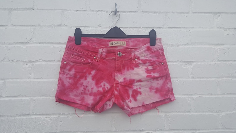 Upcycled Red Tie Dye Denim Shorts UK 12 US 8