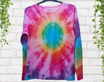 Blusa feminina de manga comprida com estampa tie-dye arco-íris | Roupa orgânica