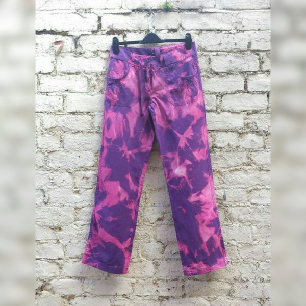 Bleach Tie Dye Hippie Trousers Linen Pants Purple to fit UK size 10 or US size 6 Wide Leg Festival Clothing Summer Beach Clothes