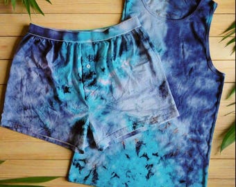 Completo intimo da uomo con stampa tie-dye blu / canottiera e boxer / taglia M