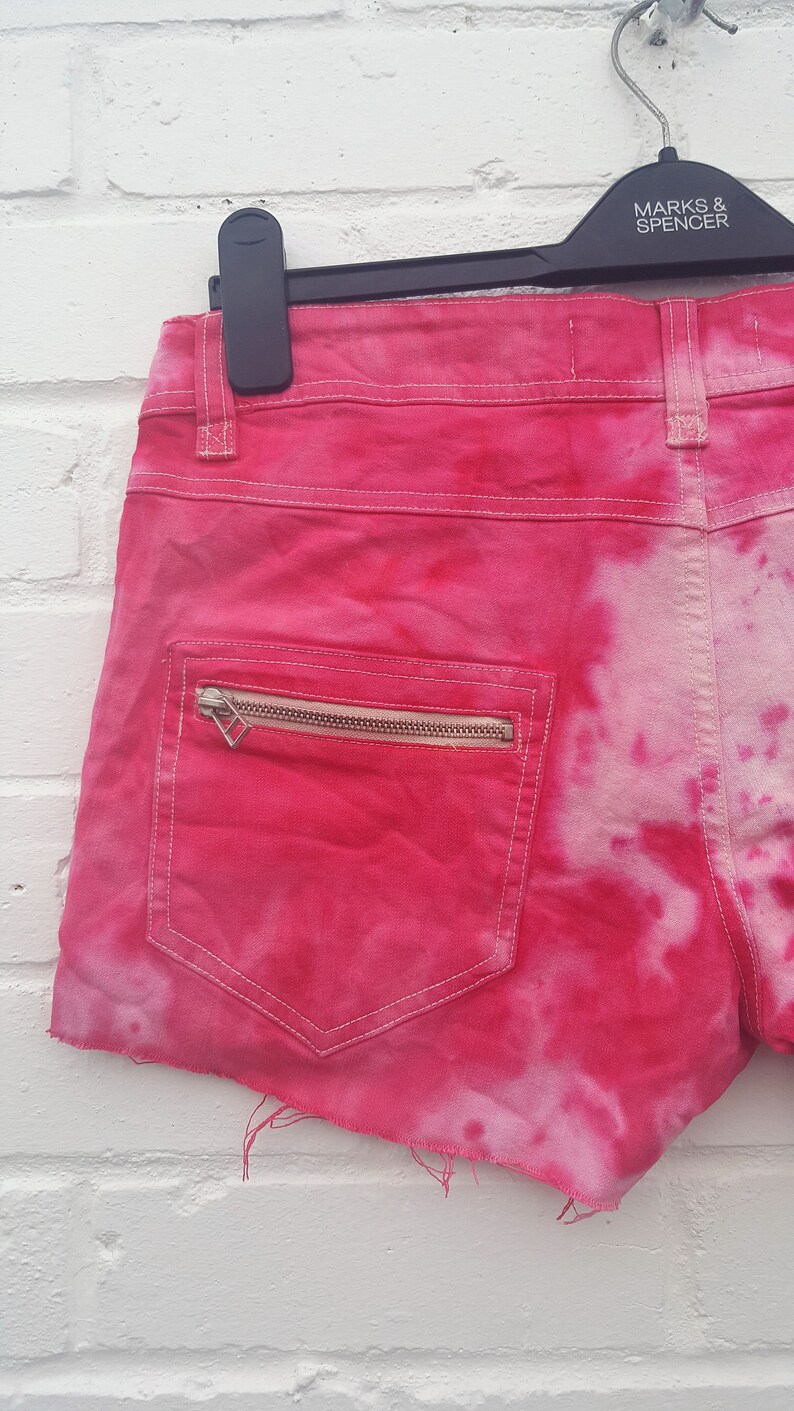 Upcycled Red Tie Dye Denim Shorts UK 12 US 8