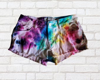 Tie Dye Denim Shorts Upcycled Fashion Rainbow Vibes UK