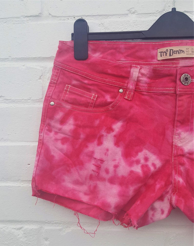 Upcycled Red Tie Dye Denim Shorts UK 12 US 8
