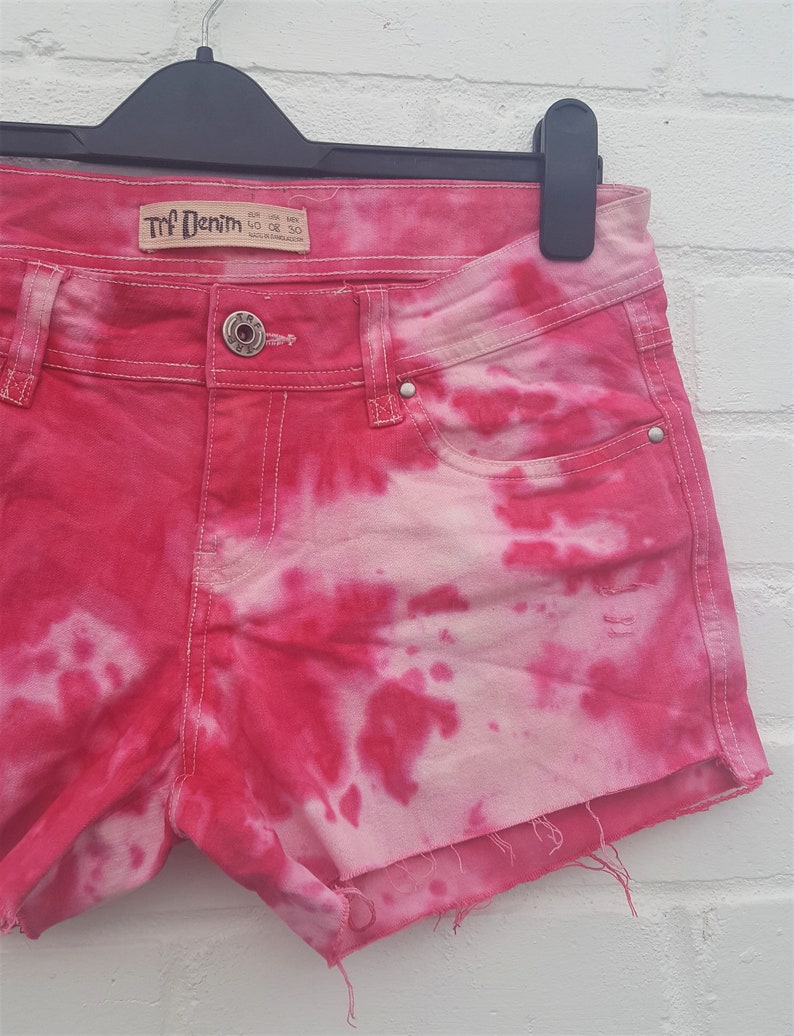 Upcycled Red Tie Dye Denim Shorts UK 12 US 8