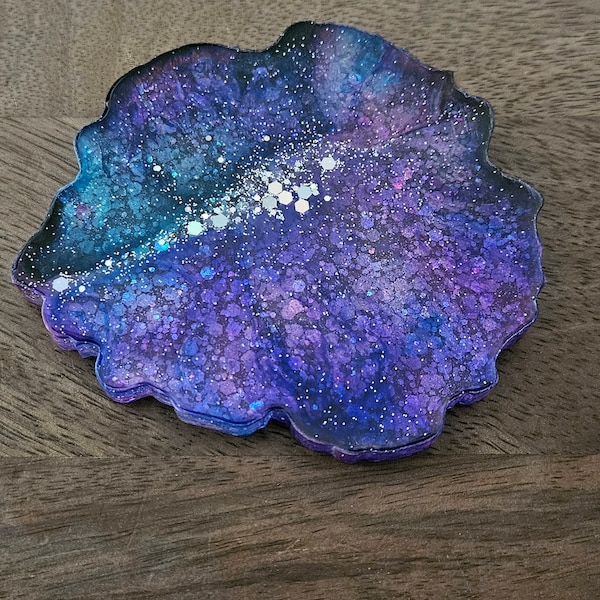 Galaxy coaster- purple, glitter, galaxy, solar system, outer space, resin coaster, resin, epoxy, geode, shaped, no table rings