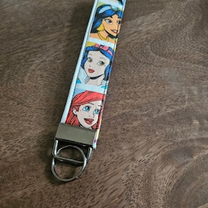 Princess-fabric keychain, fabric, fabric wristlet, ariel, belle, snow white, jasmine, keyholder, keyring, keychain, holder, keys, key