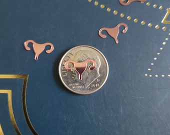 May include: A close-up of a US quarter with the year 2018 on it. The coin is surrounded by small, rose gold-colored metal charms shaped like uteruses.  The charms are scattered on a dark blue surface.