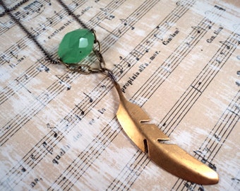 Boho Charm Necklace - Vintage Charms Feathers Chrysoprase