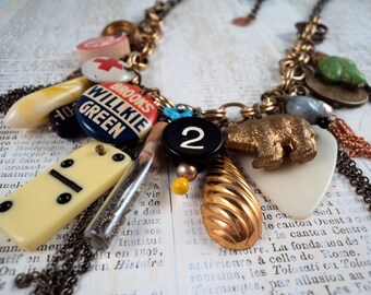 Found Object Charm Necklace - Vintage Charms Repurposed Domino Pinback Trinkets Glass Vial Fender Guitar Pick