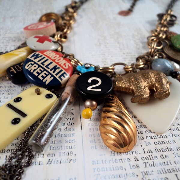 Found Object Charm Necklace - Vintage Charms Repurposed Domino Pinback Trinkets Glass Vial Fender Guitar Pick