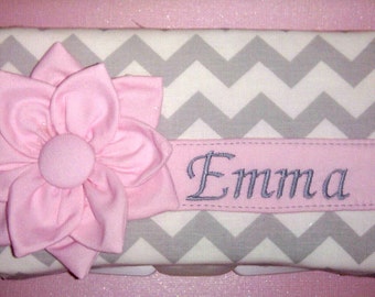 Custom Pink gray chevron girls baby travel wipe case GET it PERSONALIZED add a bow or a name