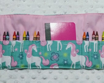 Crayon Roll, Unicorns, Mini Notebook and 24 Crayola Crayons, Birthday Gift, Crayon Holder, Crayon Wallet, Crayon Organizer, Girls Gift