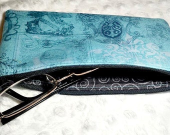 Eyewear Case, Teal and Gray, Padded Eyewear Case, Sunglasses Case, Glasses Case, Makeup Bag, Padded Phone Case, Woman's Gift, Teen Gift