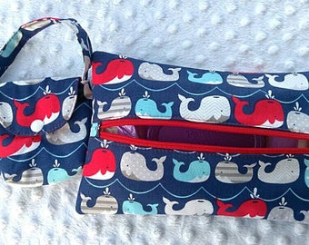 Blue whale fish & polka dots Handmade nappy wipe changing pouch holder wallet 