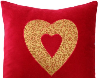 Red Velvet and Gold Brocade Heart Decorative Pillow - 17 x 17 inches