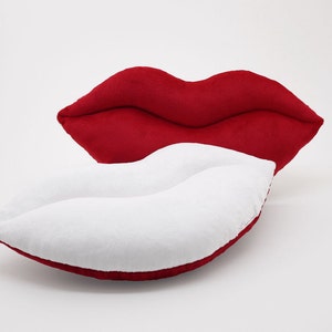 White and Red Team Spirit Smooch Lips Shaped Pillow 17 x 9 inches image 1