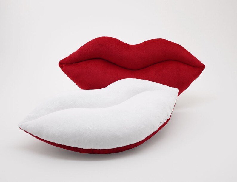 White and Red Team Spirit Smooch Lips Shaped Pillow 17 x 9 inches image 1