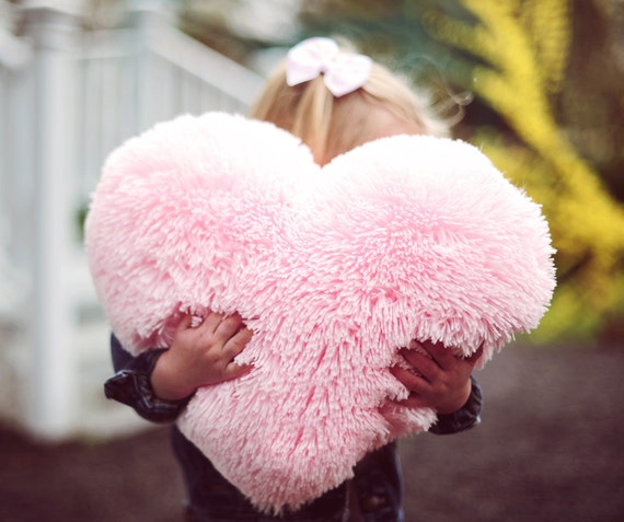 Fluffy Pink Heart Shaped Decorative Pillow Send a Hug 