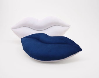 White and Dark Blue Team Spirit Smooch Lips Shaped Pillow 17 x 9 inches