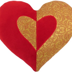 Red Velvet and Gold Brocade Heart Shaped Decorative Pillow 14 x 16 inches image 1