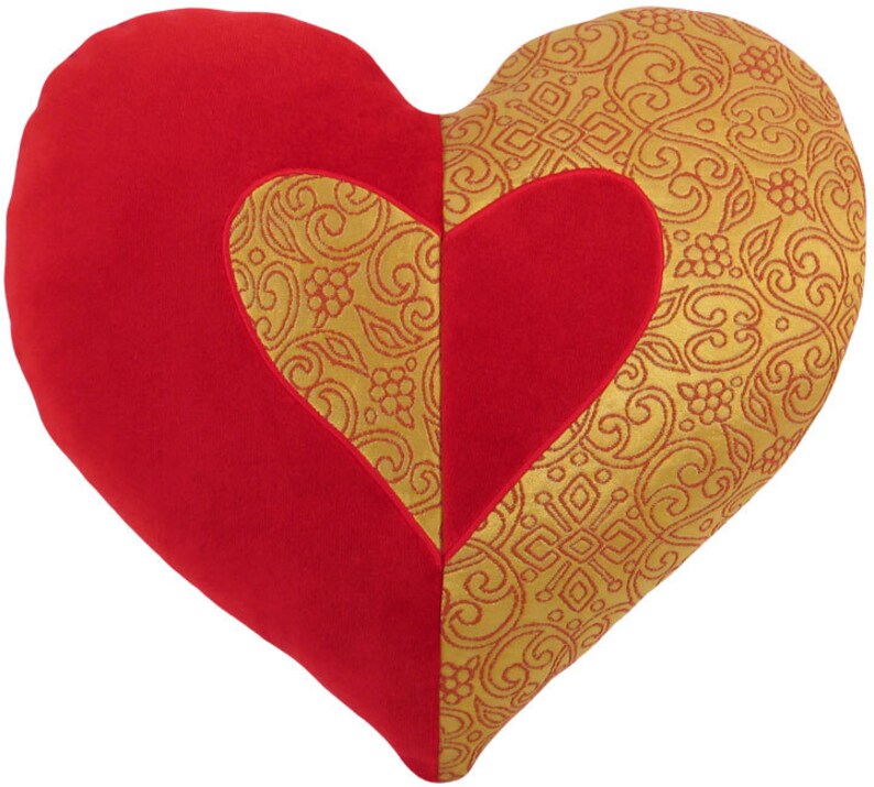 Red Velvet and Gold Brocade Heart Shaped Decorative Pillow 14 x 16 inches image 1