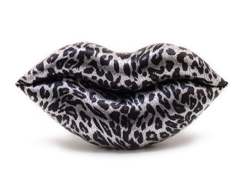 Leopard Kisses Silver Metallic Lips Shaped Pillow Valentine Smooch image 1