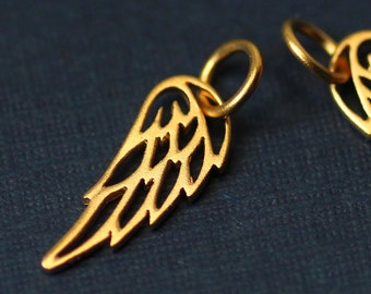 23K Gold Plated Sterling Silver, Tiny Matte Wing Charms, Fairy Wings, 14.5mm x 6mm, Closed Jump Ring, Choose Quantity, 23-65