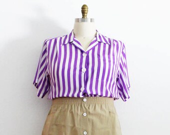 Plus Size - FINAL SALE - Vintage Purple & White Stripe Button Front Blouse (Size 14)