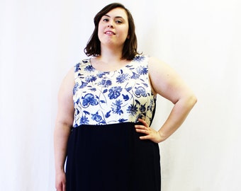 Plus Size - Vintage Navy Floral Color Block Tank Sheath Dress (Size 20/22)