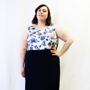 Plus Size - Vintage Navy Floral Color Block Tank Sheath Dress (Size 20/22)