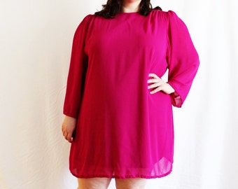 Plus Size - Vintage Fuchsia Chiffon Mini Trapeze Dress (Size 22W)