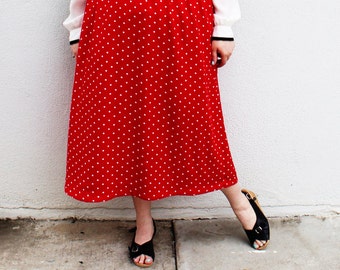 Plus Size - Vintage Red & White Polka Dot Midi Skirt (Size L 12/14)