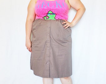Plus Size - Vintage Khaki Button Front A-Line Skirt (Size 12/14)