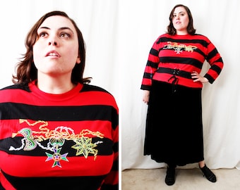 Plus Size - Vintage Red & Black Stripe Metallic Embroidery Blouse (Size 16)