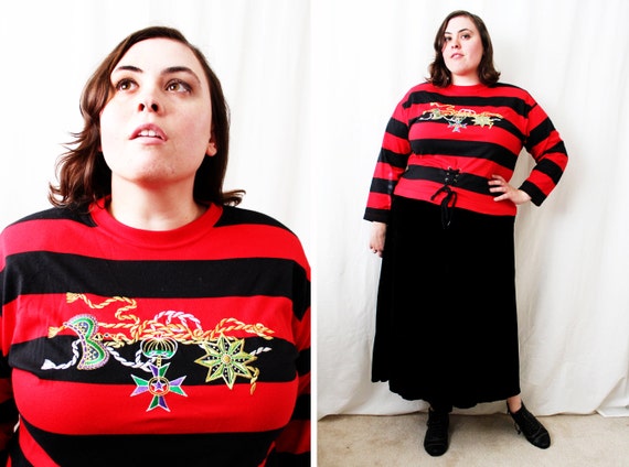 Plus Size - Vintage Red & Black Stripe Metallic Embro… - Gem