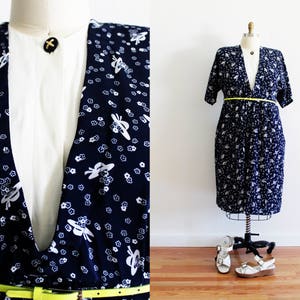 Plus Size - Vintage Navy & White Printed Shirt Dress (Size 14)