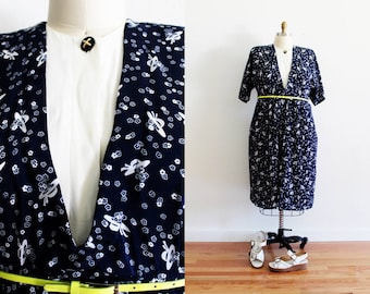 Plus Size - Vintage Navy & White Printed Shirt Dress (Size 14)